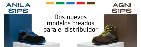 Modelos de calzado de seguridad laboral Agni S1PS y Anila S1PS juntos, con el mensaje “Dos nuevos modelos creados para el distribuidor”, mostrando su diseño moderno y su enfoque profesional.