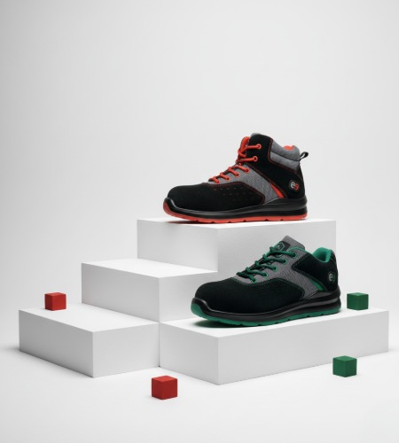 Modelos de calzado de seguridad laboral Agni S1PS y Anila S1PS en colores rojo y verde, mostrando su diseño, protección certificada y versatilidad profesional.