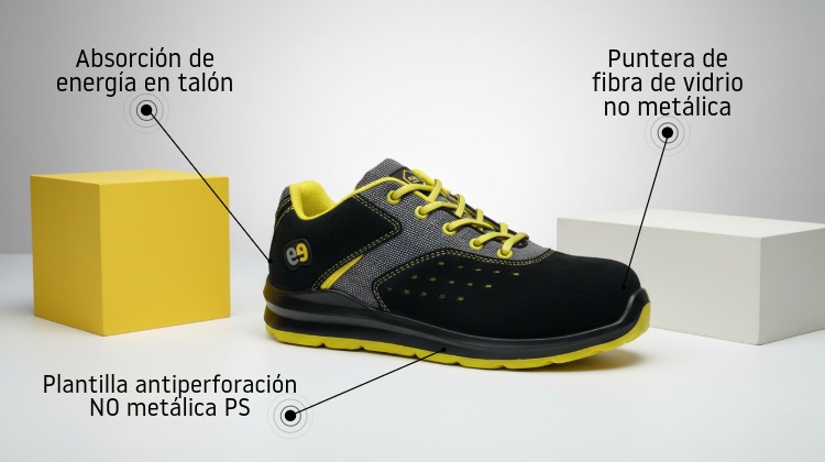 Deportivo de seguridad Anila S1PS en color negro con detalles amarillos, mostrando sus principales características técnicas: puntera no metálica, plantilla antiperforación PS, suela antideslizante SR y propiedades ESD.