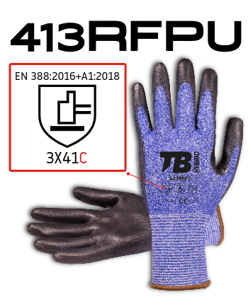 Guante anticorte 413RFPU con protección al corte nivel C según norma EN 388 para trabajos industriales y logísticos