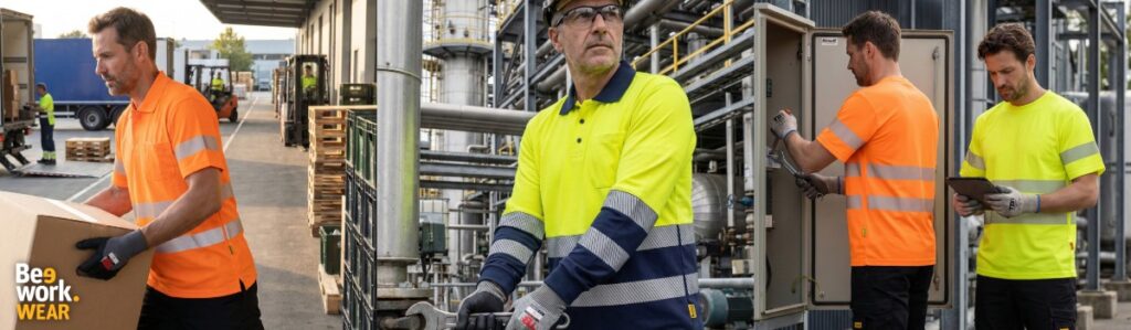 Trabajadores con ropa laboral AIRA TECH en alta visibilidad BeeWork.Wear en entorno industrial real.