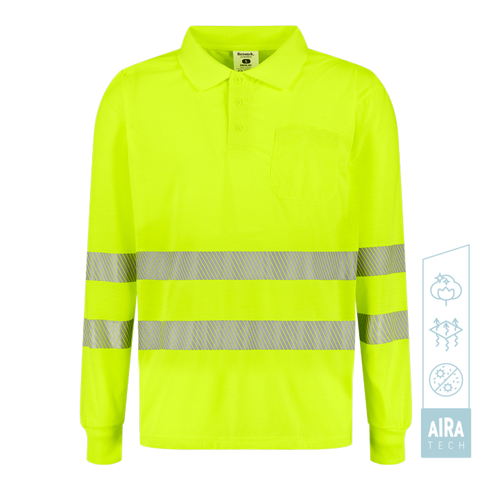 Polo monocolor de manga larga de alta visibilidad con tejido AIRA TECH y bandas reflectantes segmentadas.