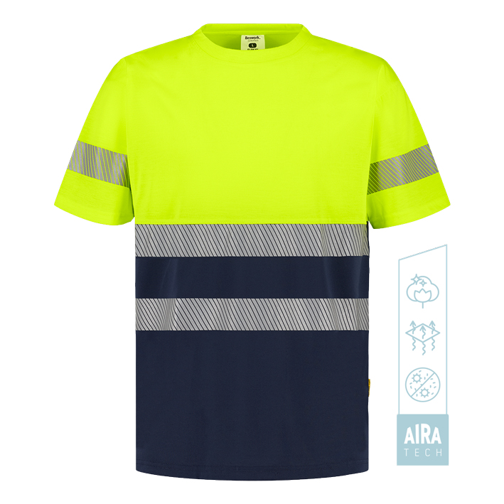 Camiseta bicolor de alta visibilidad con tejido AIRA TECH y bandas reflectantes segmentadas.
