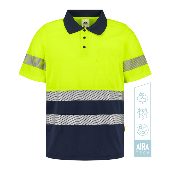 Polo bicolor de alta visibilidad BeeWork.Wear con tejido AIRA TECH y bandas reflectantes segmentadas.