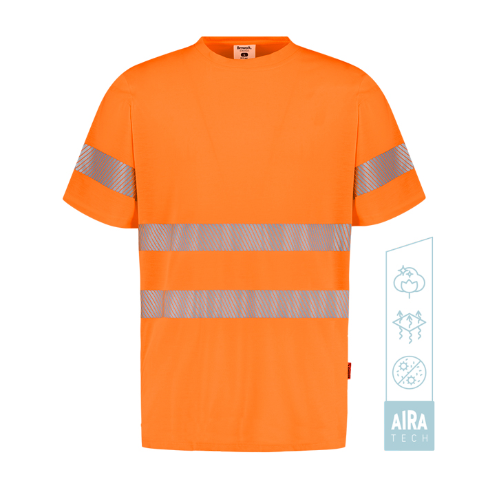 Camiseta monocolor de alta visibilidad con tejido AIRA TECH y bandas reflectantes segmentadas.