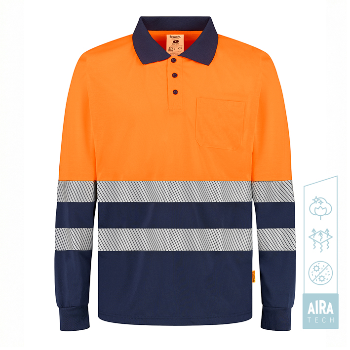 Polo bicolor de manga larga de alta visibilidad con tecnología AIRA TECH y bandas reflectantes segmentadas.